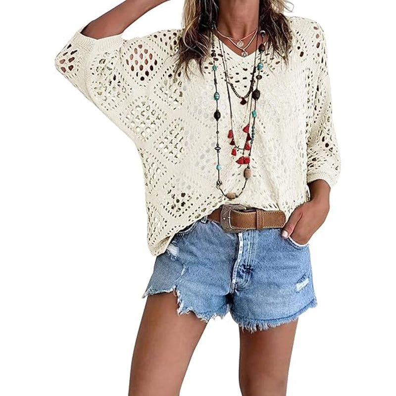 🌿 Beiges Häkeloberteil für Damen im Boho-Stil mit V-Ausschnitt
