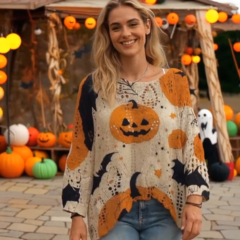 🎃 Hexenhafte Gemütlichkeit – Halloween-Strickpullover mit Kürbis-Motiv