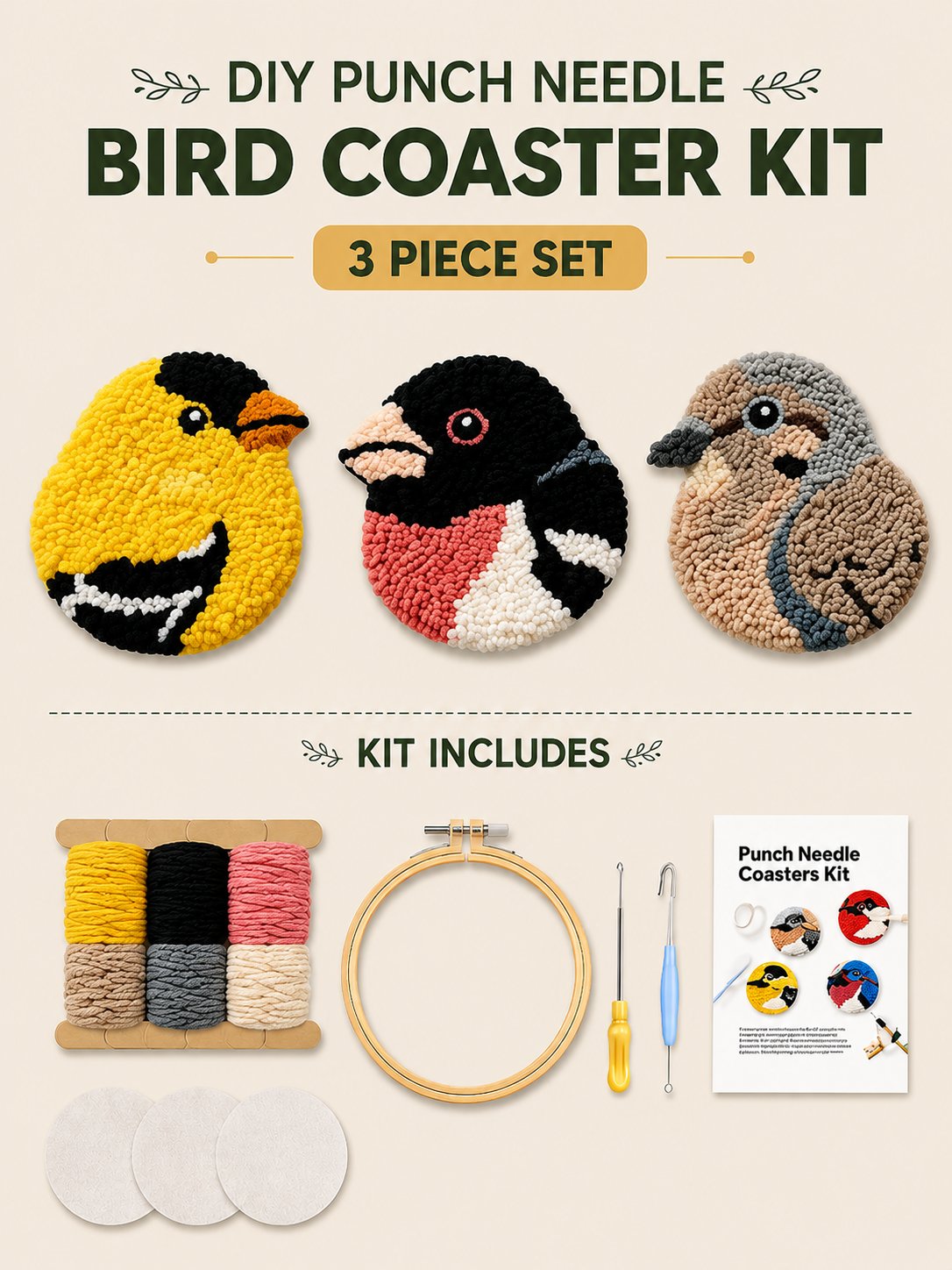 🧵🐦Bastelset für Vogel-Untersetzer mit Punch-Needle-Technik