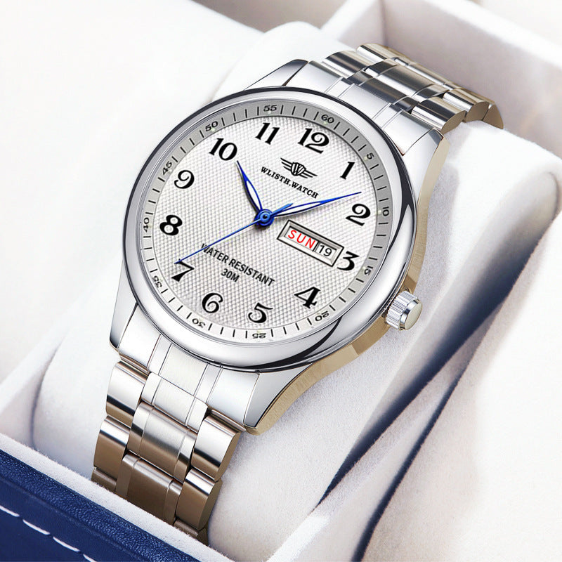 Wasserdichte Quarz-Herrenuhr mit Leuchtziffern und Kalender