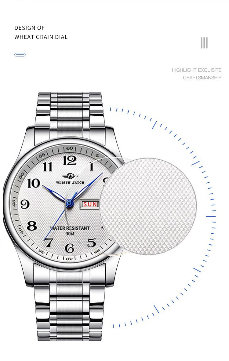 Wasserdichte Quarz-Herrenuhr mit Leuchtziffern und Kalender