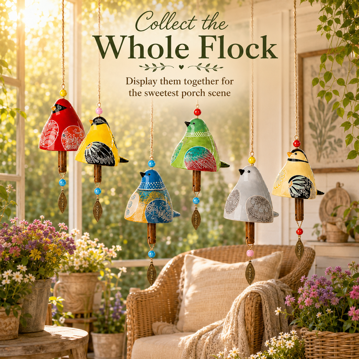 Handbemaltes Windspiel aus Kunstharz in Vogelform, farbenfrohe Volkskunst-Garten-Hängedekoration