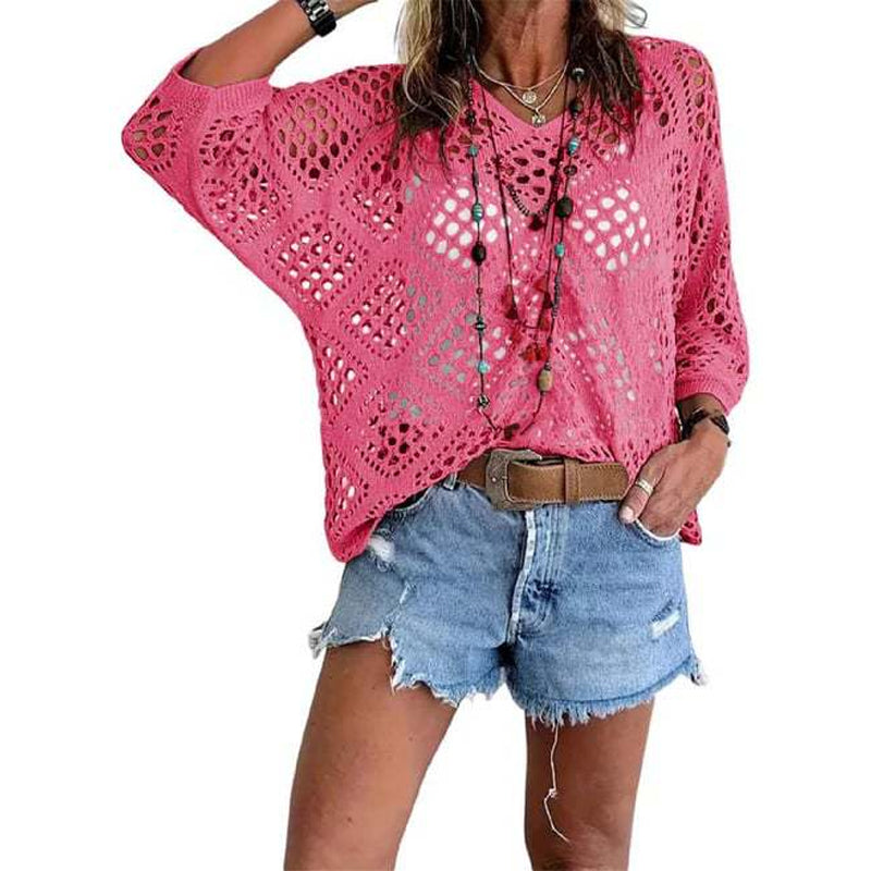 🌿 Beiges Häkeloberteil für Damen im Boho-Stil mit V-Ausschnitt