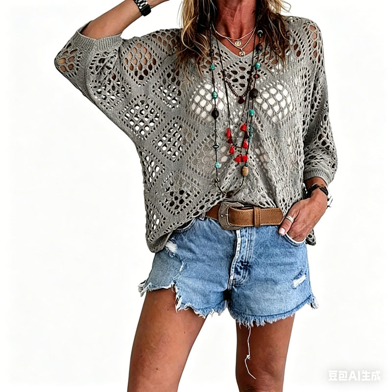 🌿 Beiges Häkeloberteil für Damen im Boho-Stil mit V-Ausschnitt