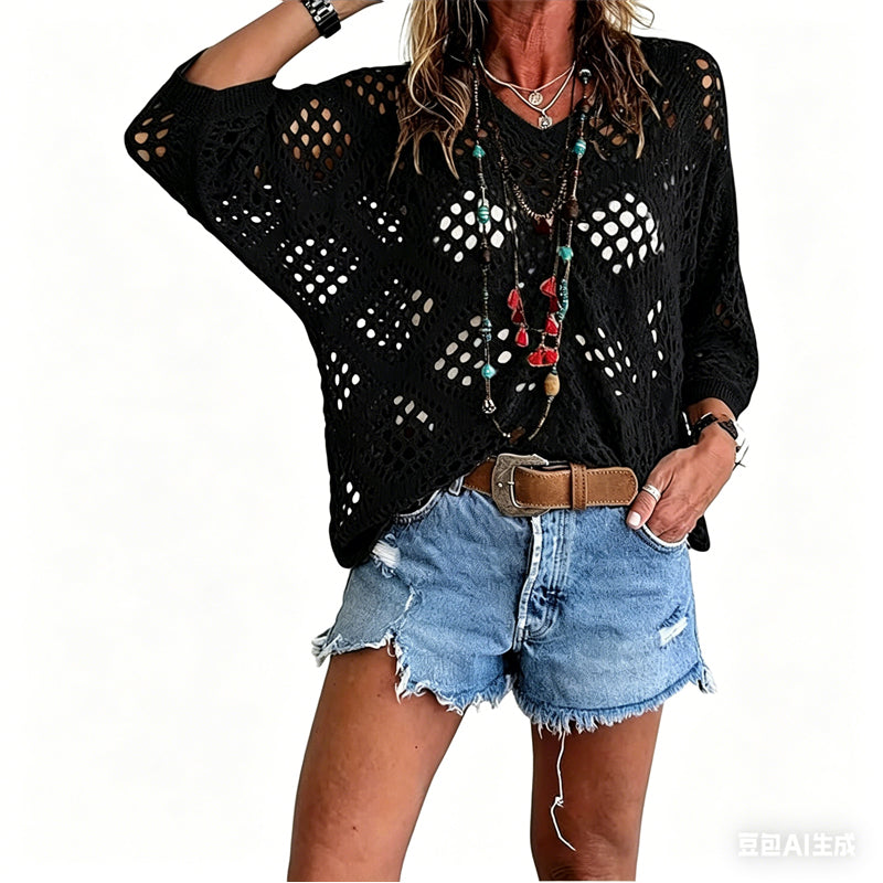 🌿 Beiges Häkeloberteil für Damen im Boho-Stil mit V-Ausschnitt