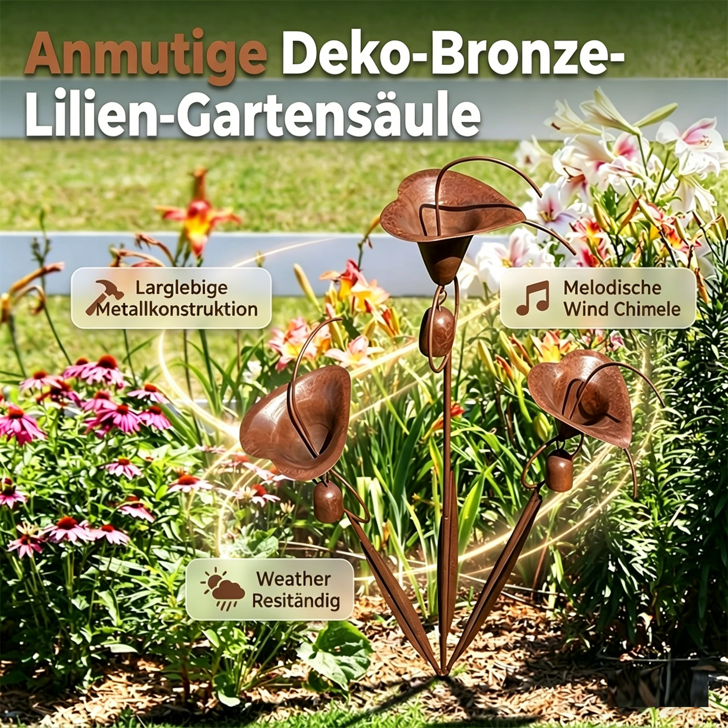 Gartenstecker „Drei Calla-Lilien“ aus geflammtem Kupfer mit Glöckchen