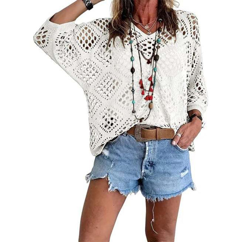 🌿 Beiges Häkeloberteil für Damen im Boho-Stil mit V-Ausschnitt