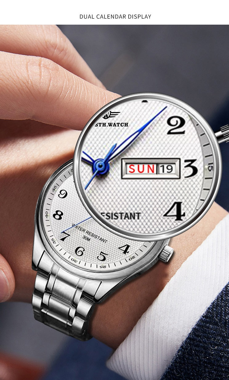 Wasserdichte Quarz-Herrenuhr mit Leuchtziffern und Kalender