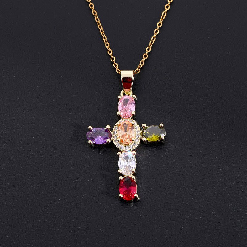 ✨Bunte Halskette mit Strass-Kreuzanhänger
