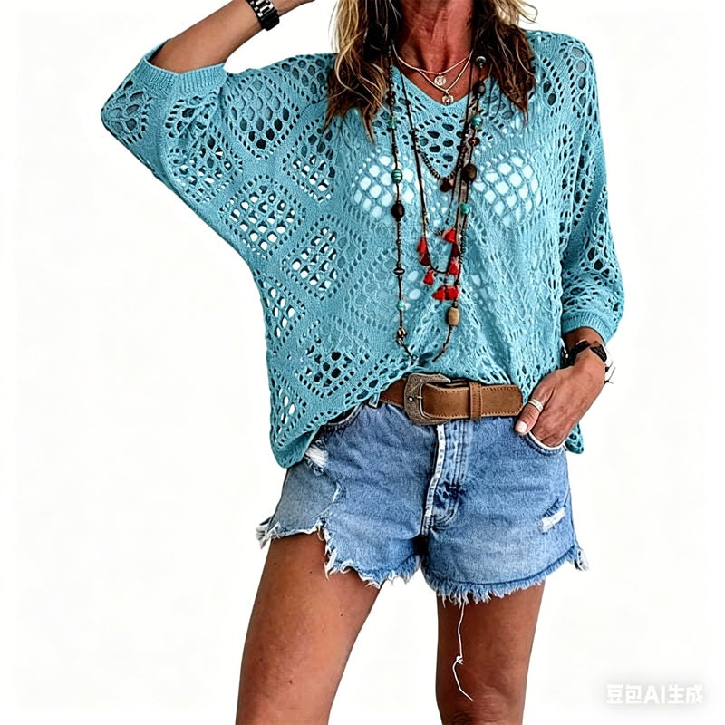 🌿 Beiges Häkeloberteil für Damen im Boho-Stil mit V-Ausschnitt