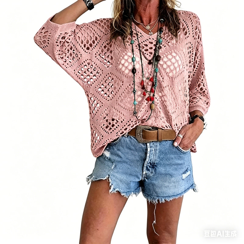 🌿 Beiges Häkeloberteil für Damen im Boho-Stil mit V-Ausschnitt