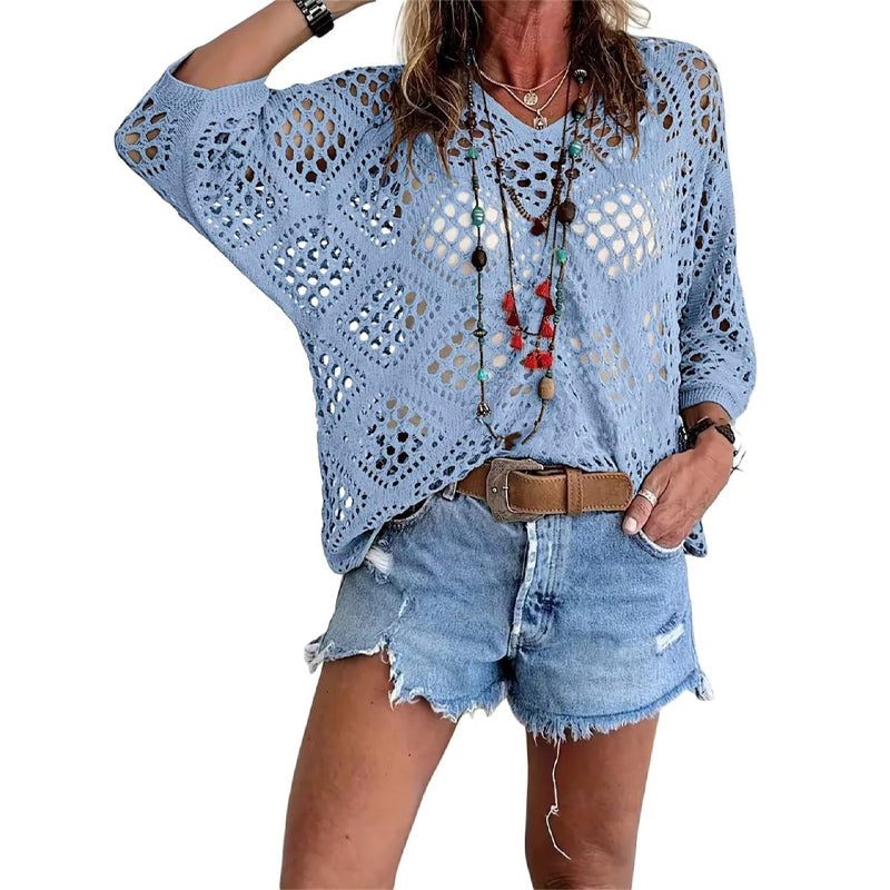 🌿 Beiges Häkeloberteil für Damen im Boho-Stil mit V-Ausschnitt