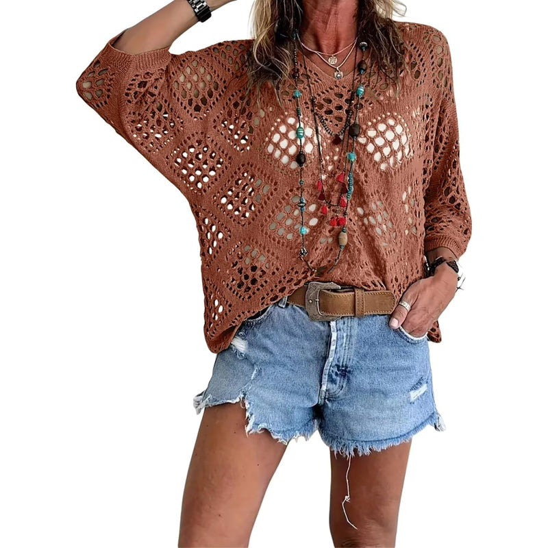 🌿 Beiges Häkeloberteil für Damen im Boho-Stil mit V-Ausschnitt