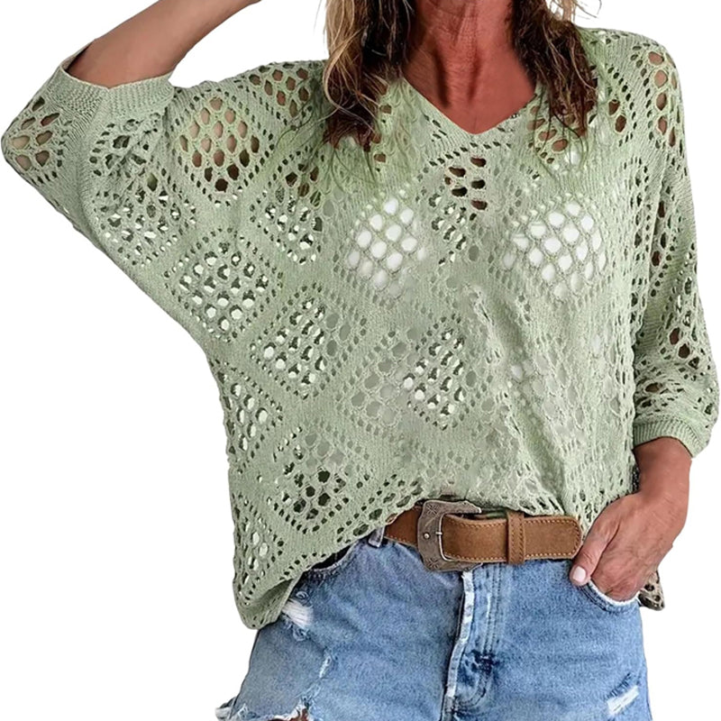 🌿 Beiges Häkeloberteil für Damen im Boho-Stil mit V-Ausschnitt