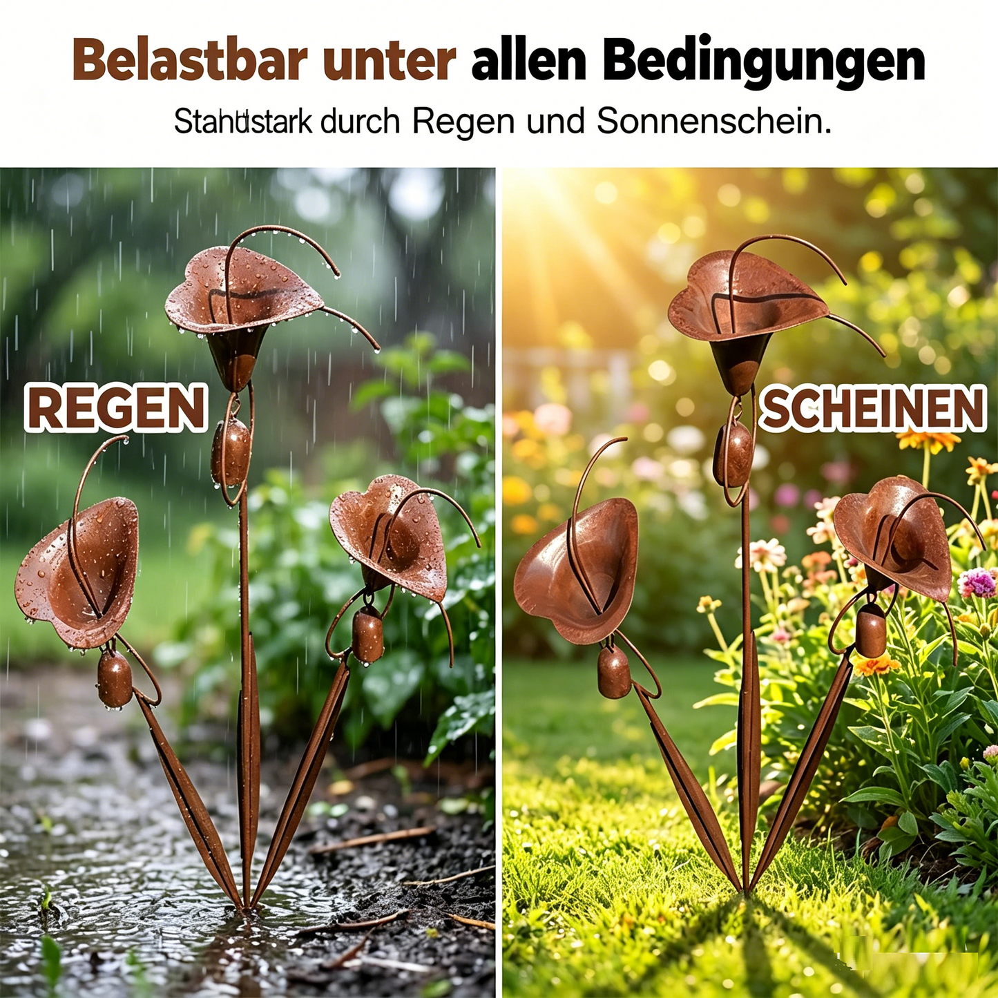 Gartenstecker „Drei Calla-Lilien“ aus geflammtem Kupfer mit Glöckchen