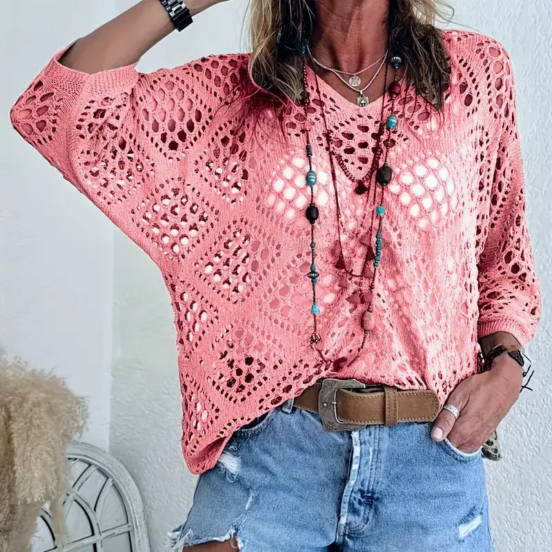 🌿 Beiges Häkeloberteil für Damen im Boho-Stil mit V-Ausschnitt