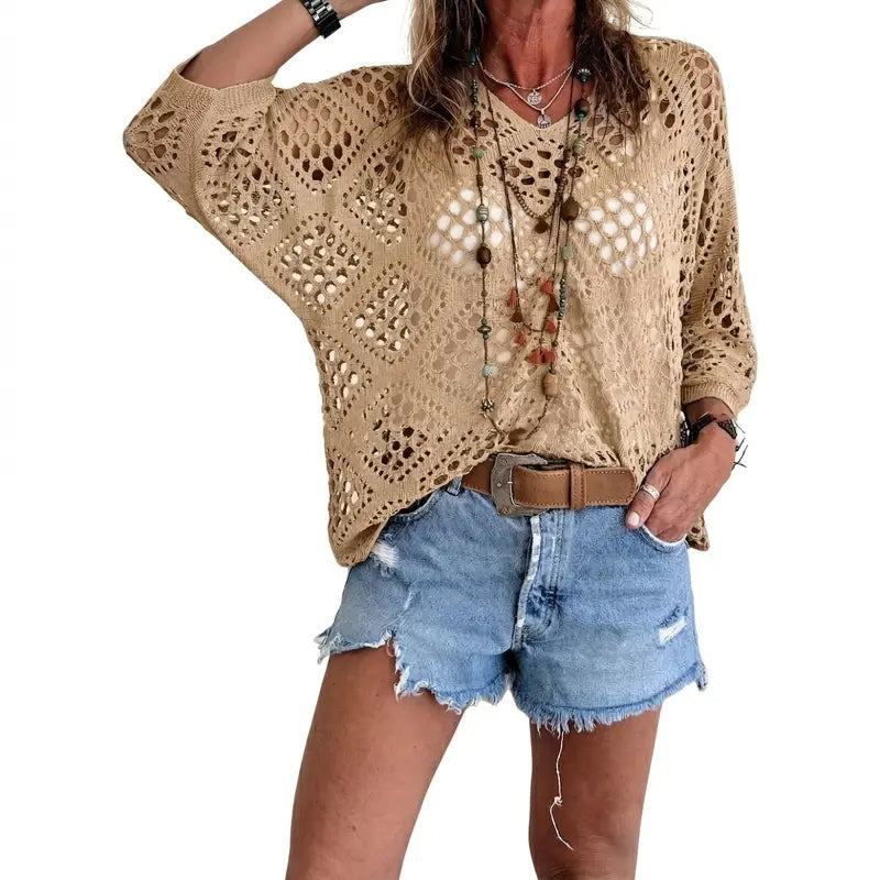 🌿 Beiges Häkeloberteil für Damen im Boho-Stil mit V-Ausschnitt