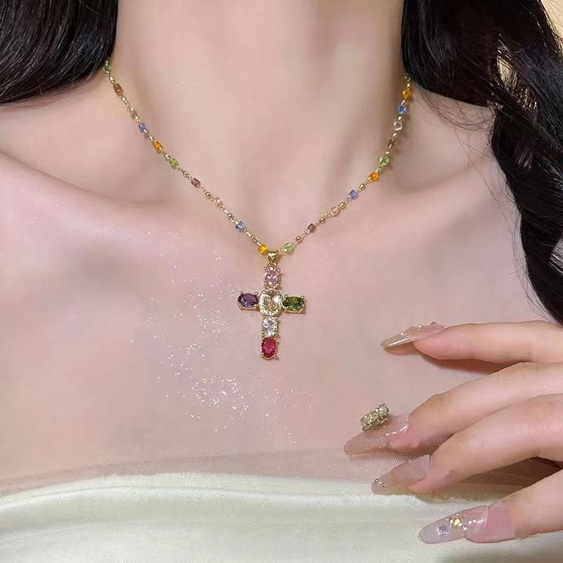 ✨Bunte Halskette mit Strass-Kreuzanhänger