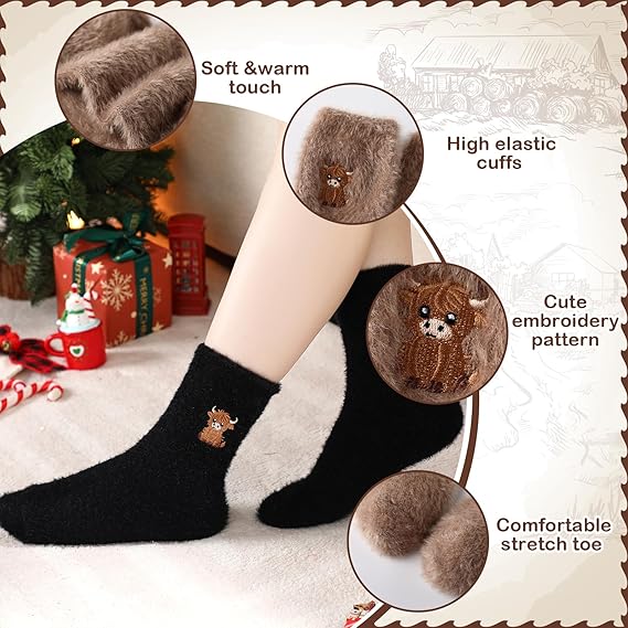 🔥Süße, warme Plüschsocken für Damen mit Highland-Kuh-Stickerei