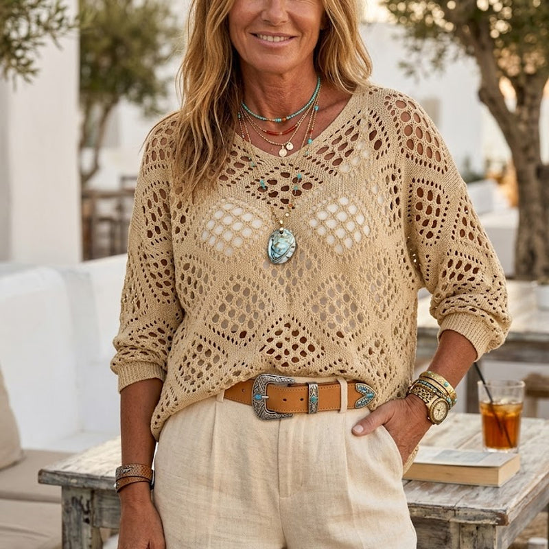🌿 Beiges Häkeloberteil für Damen im Boho-Stil mit V-Ausschnitt