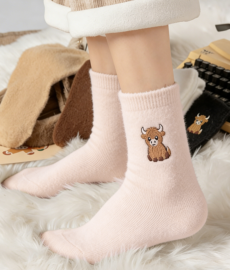 🔥Süße, warme Plüschsocken für Damen mit Highland-Kuh-Stickerei