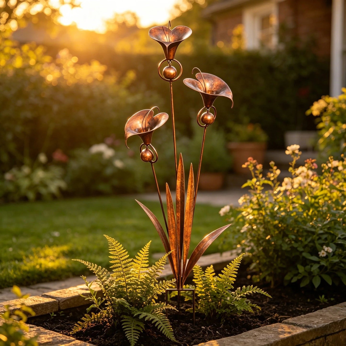 Gartenstecker „Drei Calla-Lilien“ aus geflammtem Kupfer mit Glöckchen