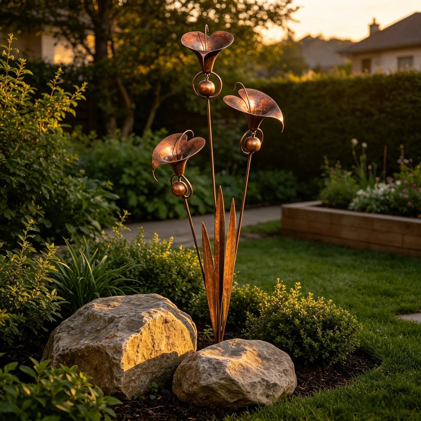 Gartenstecker „Drei Calla-Lilien“ aus geflammtem Kupfer mit Glöckchen