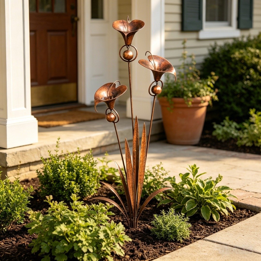 Gartenstecker „Drei Calla-Lilien“ aus geflammtem Kupfer mit Glöckchen