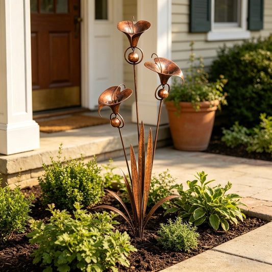 Gartenstecker „Drei Calla-Lilien“ aus geflammtem Kupfer mit Glöckchen