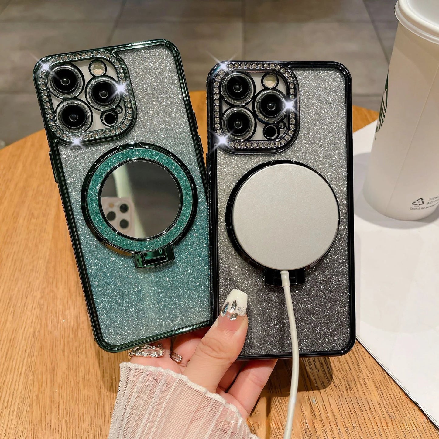 📲✨Gradient Glitter Halter Make-up-Spiegel Schutzhülle