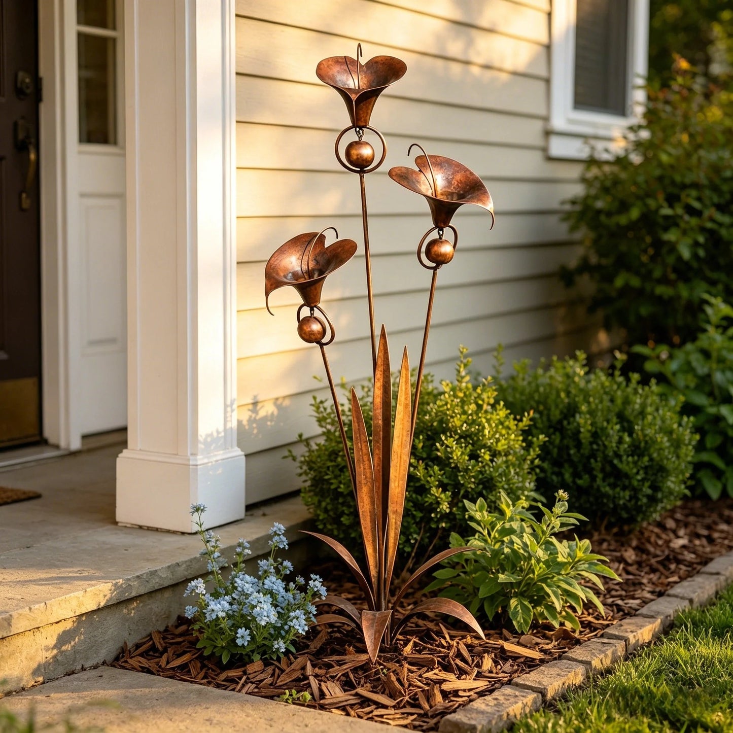 Gartenstecker „Drei Calla-Lilien“ aus geflammtem Kupfer mit Glöckchen