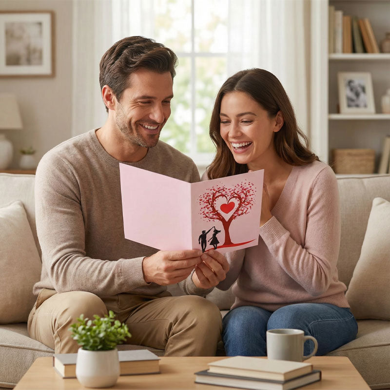 Romantische 3D-Grußkarte „Tanzen unter dem Herzbaum“