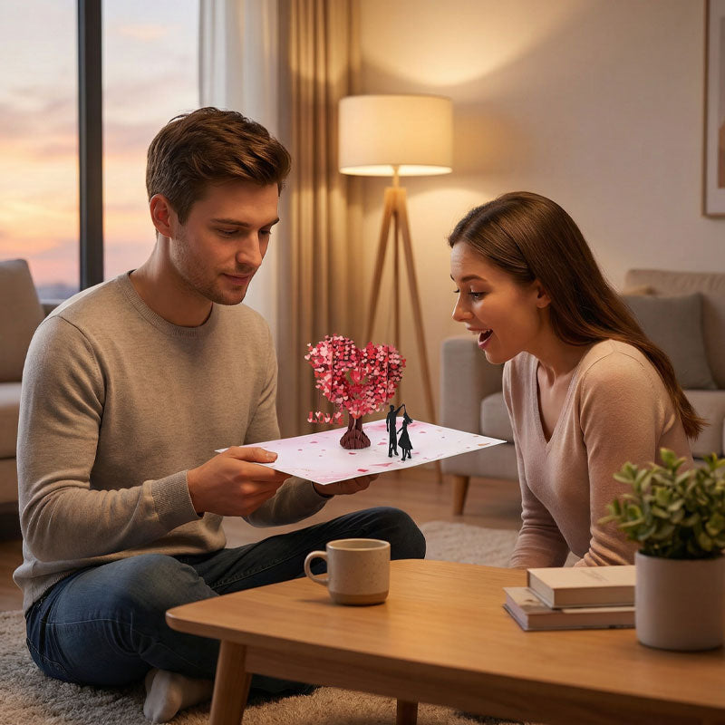 Romantische 3D-Grußkarte „Tanzen unter dem Herzbaum“