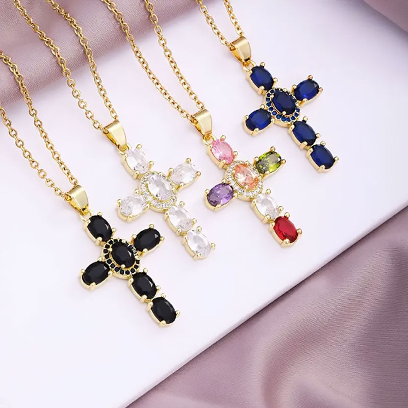 ✨Bunte Halskette mit Strass-Kreuzanhänger