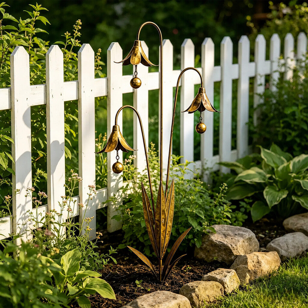 Gartenstecker „Drei Calla-Lilien“ aus geflammtem Kupfer mit Glöckchen