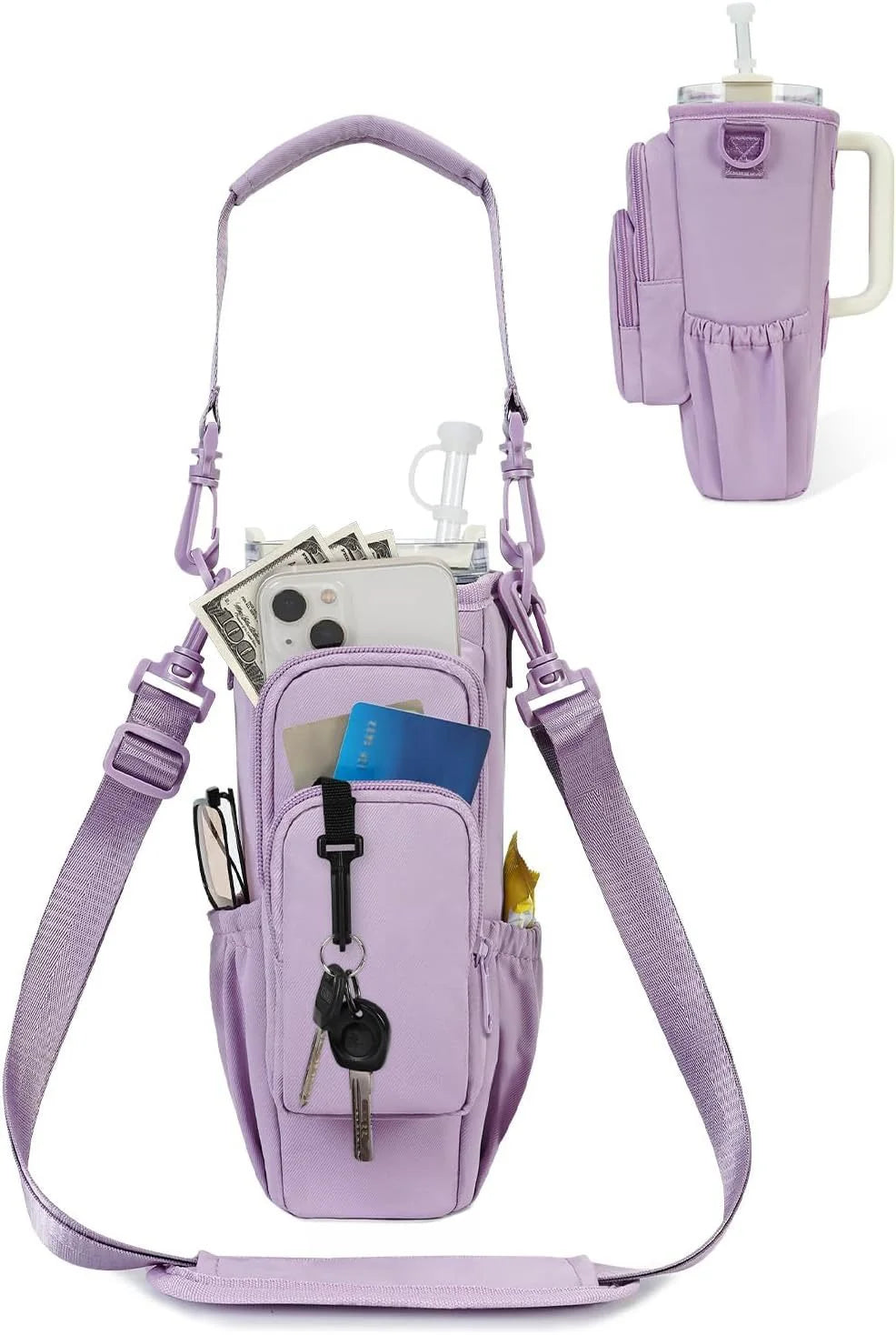 Verstellbare Umhängetasche mit Thermosbecherhalter für