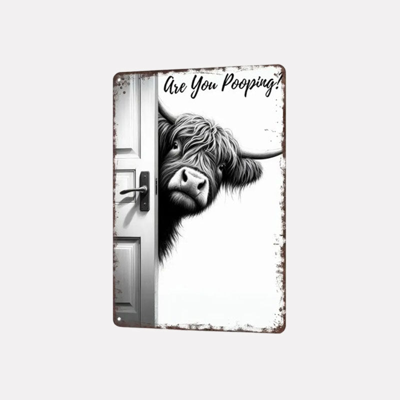 🐄 Der freche Besucher: Vintage-Schild mit Hochlandkuh