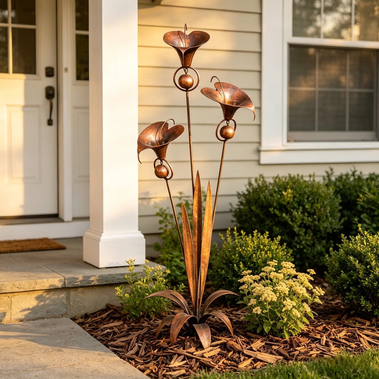Gartenstecker „Drei Calla-Lilien“ aus geflammtem Kupfer mit Glöckchen