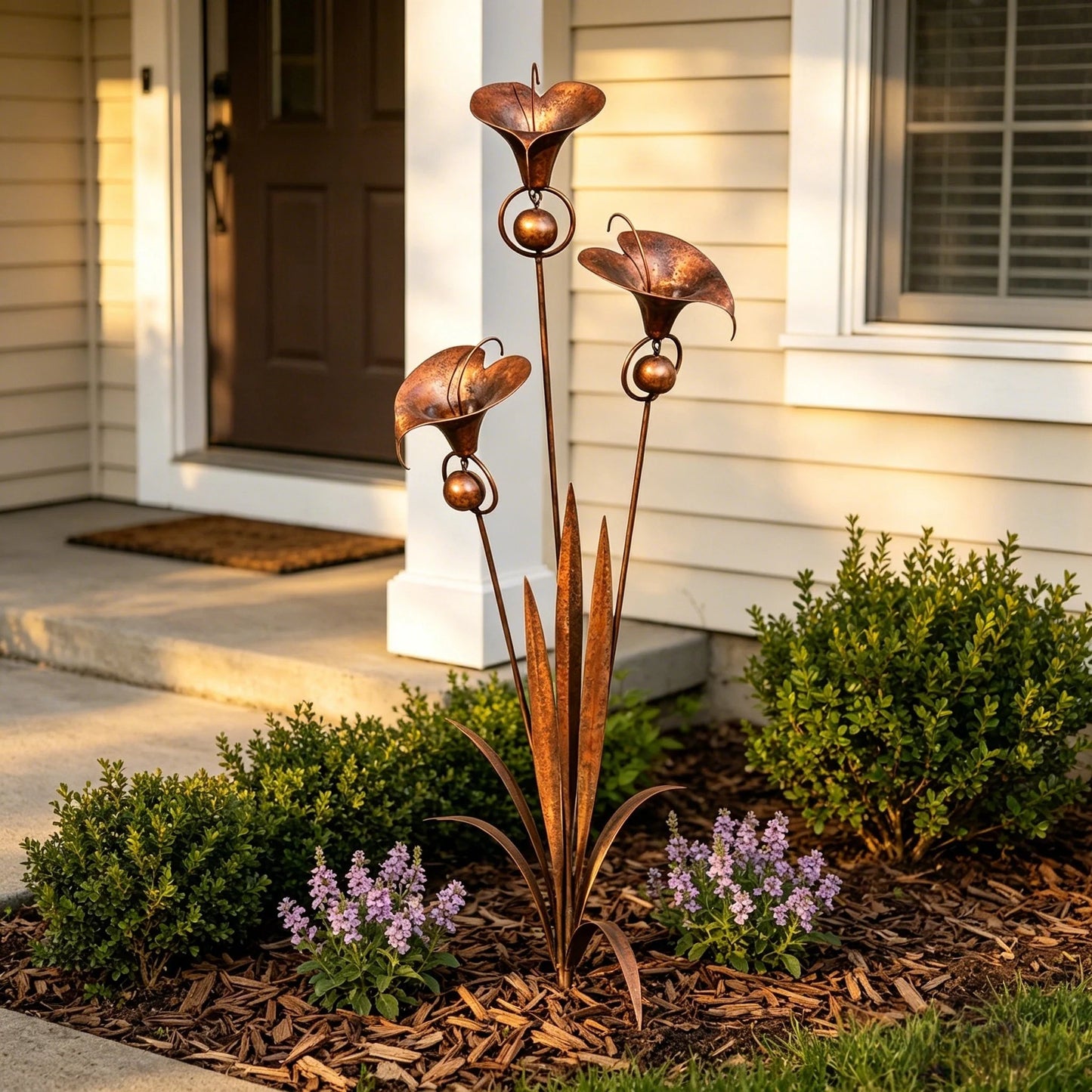 Gartenstecker „Drei Calla-Lilien“ aus geflammtem Kupfer mit Glöckchen