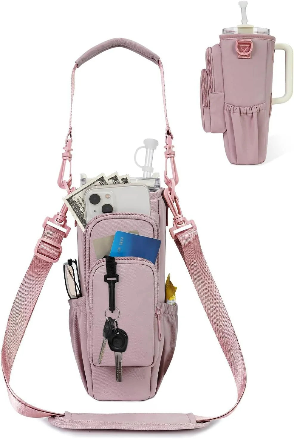 Verstellbare Umhängetasche mit Thermosbecherhalter für