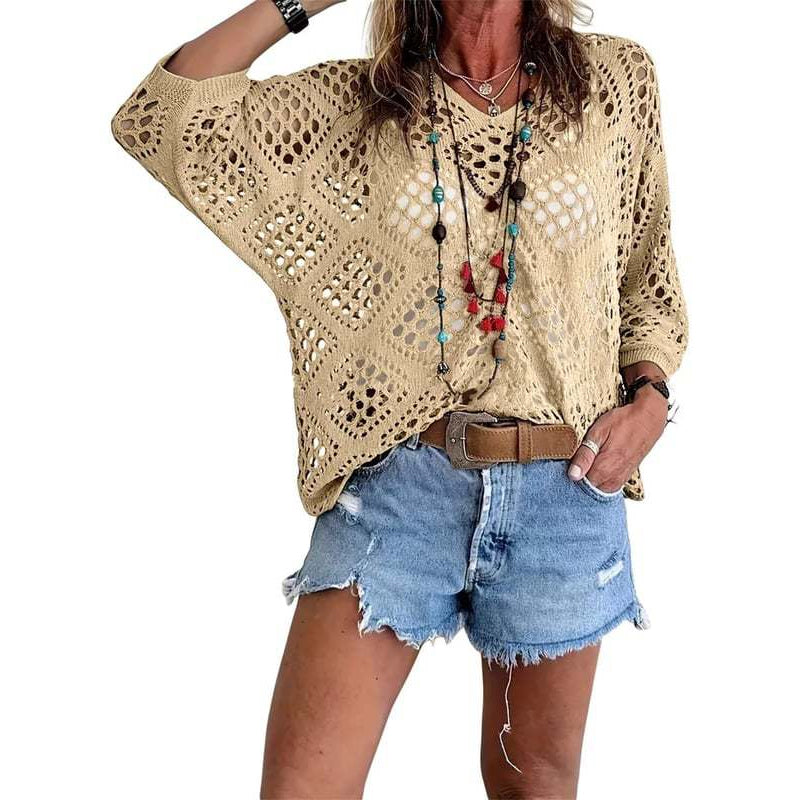 🌿 Beiges Häkeloberteil für Damen im Boho-Stil mit V-Ausschnitt