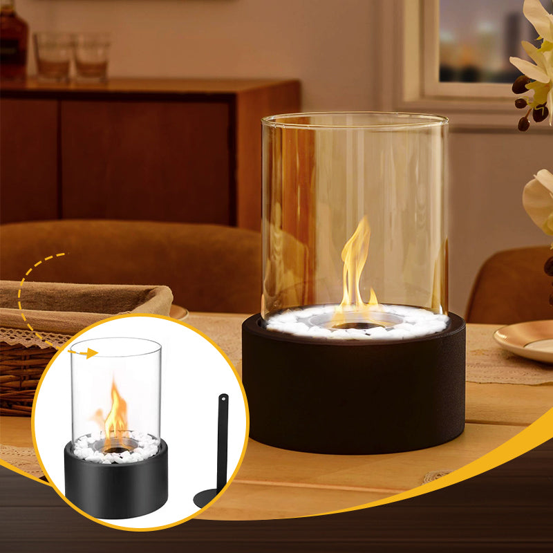 🏠 Tischkamin aus Glas & Metall – Tragbar, Rauchfrei für Drinnen & Draußen, Mit Ethanol-Brenner & Gemütliches Deko-Akzent Für Ihr Zuhause ✨