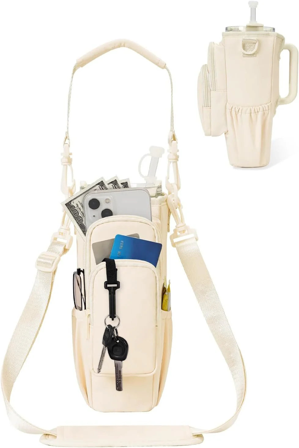 Verstellbare Umhängetasche mit Thermosbecherhalter für