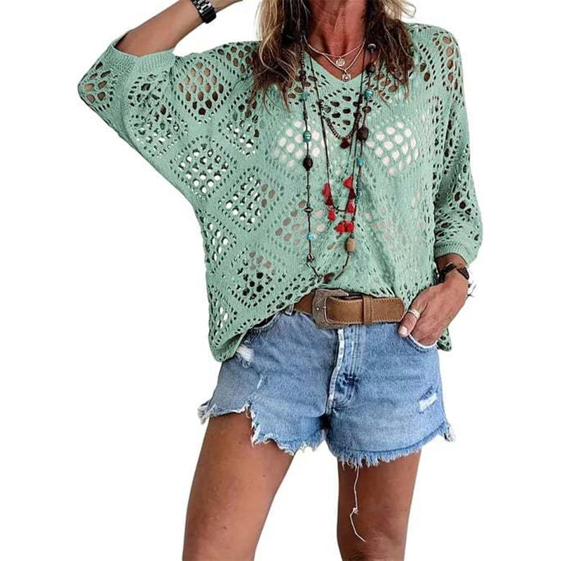 🌿 Beiges Häkeloberteil für Damen im Boho-Stil mit V-Ausschnitt