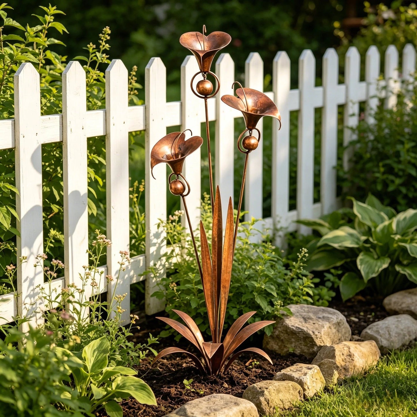 Gartenstecker „Drei Calla-Lilien“ aus geflammtem Kupfer mit Glöckchen