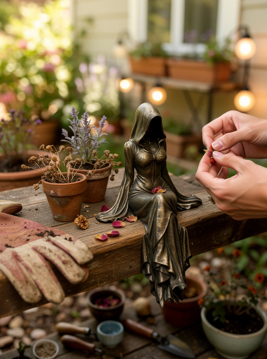 Lady Reaper – Ätherische Skulptur einer Gestalt mit Kapuze