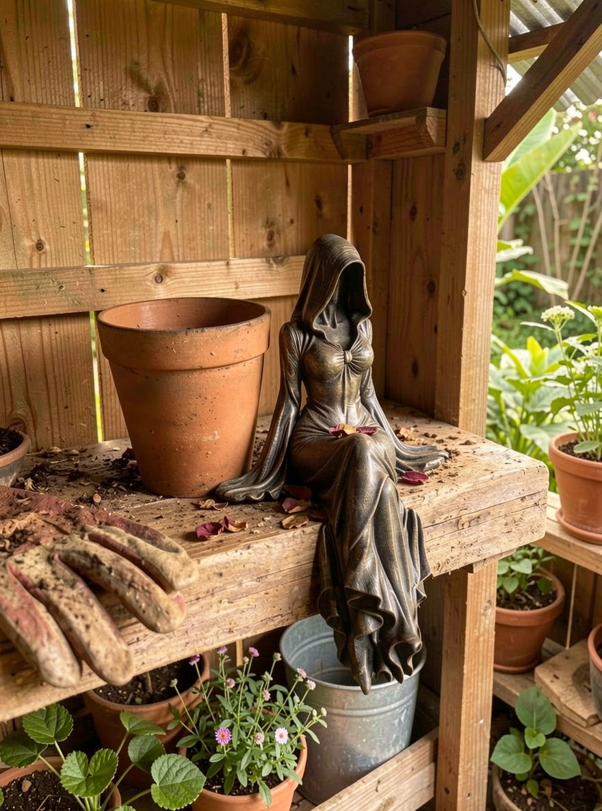 Lady Reaper – Ätherische Skulptur einer Gestalt mit Kapuze