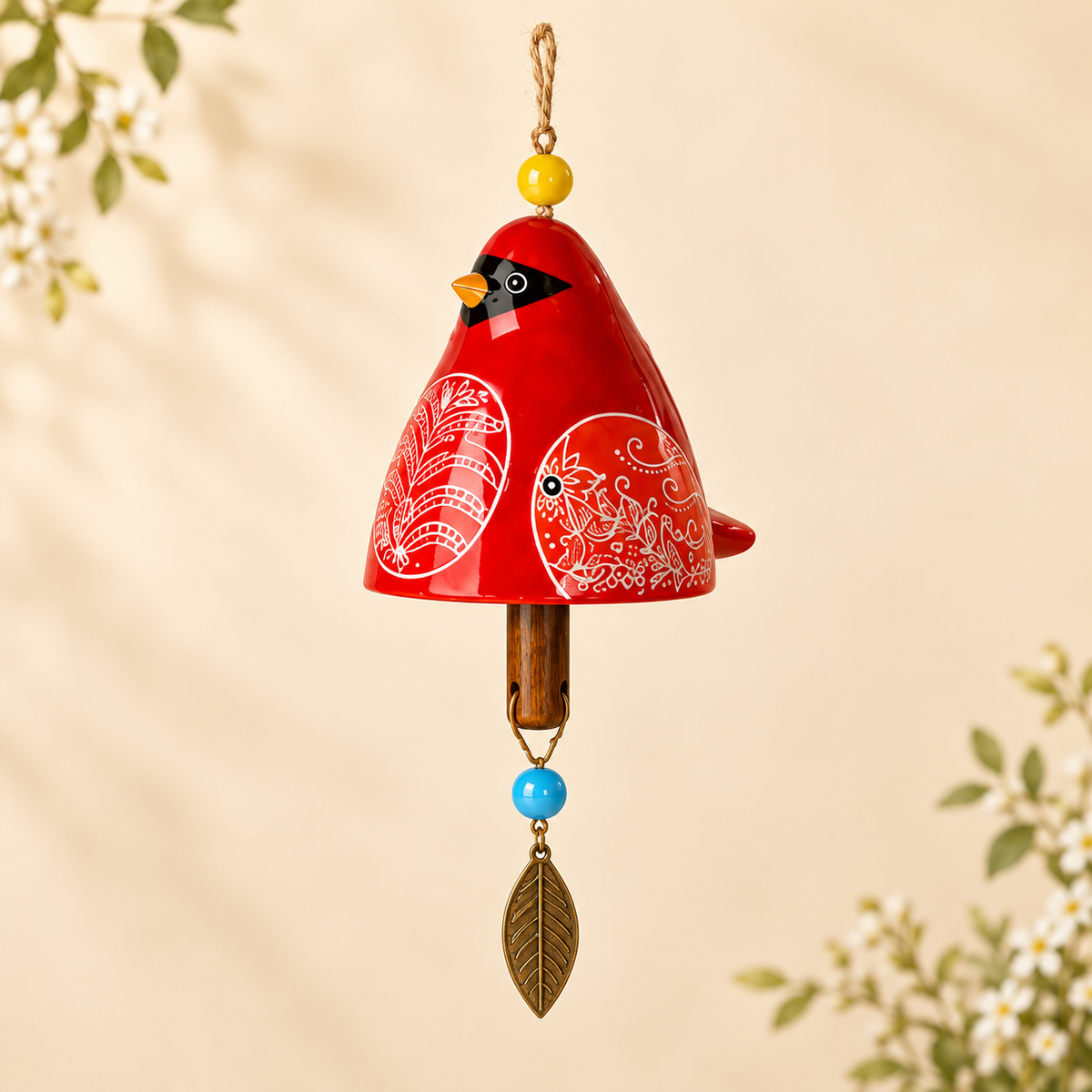 Handbemaltes Windspiel aus Kunstharz in Vogelform, farbenfrohe Volkskunst-Garten-Hängedekoration
