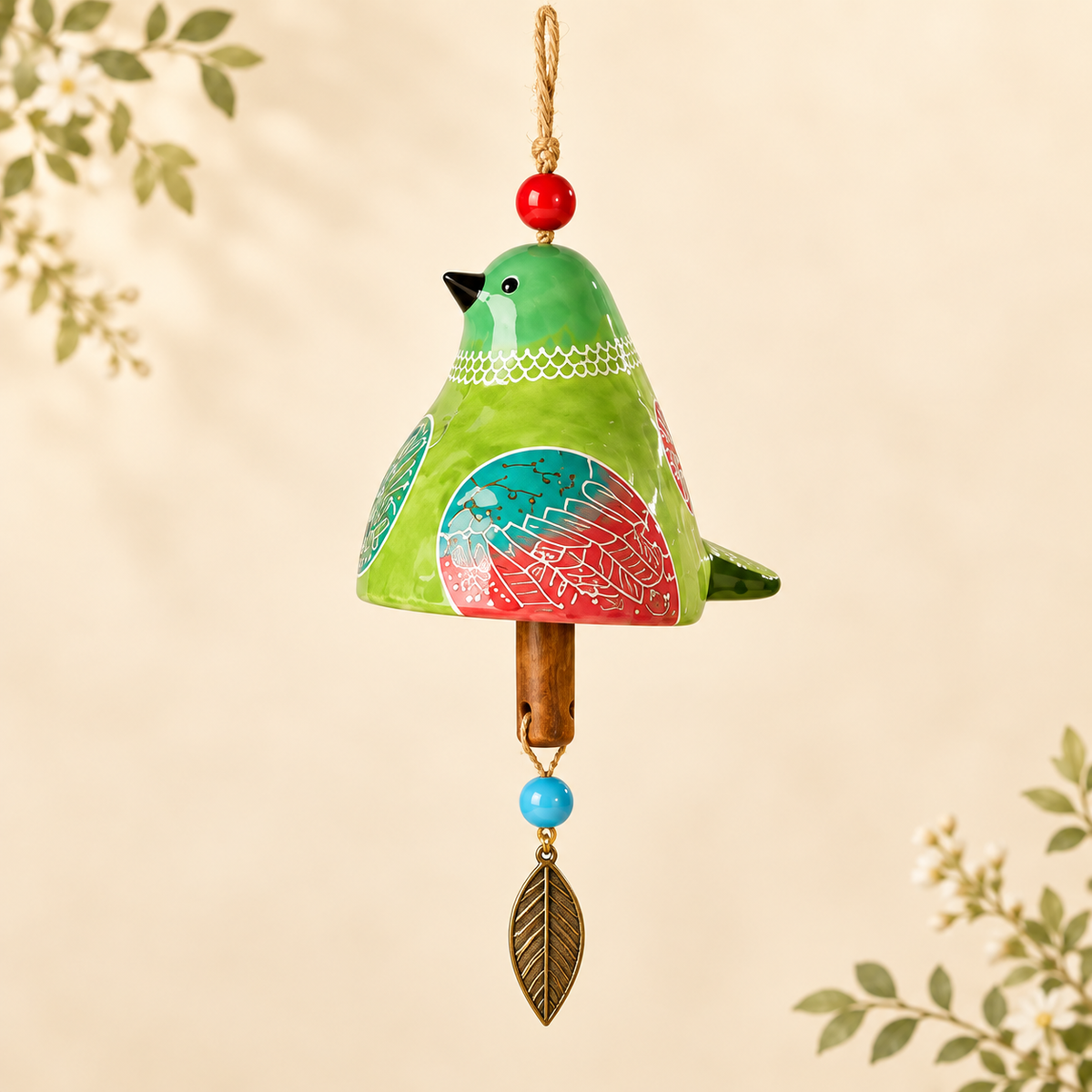 Handbemaltes Windspiel aus Kunstharz in Vogelform, farbenfrohe Volkskunst-Garten-Hängedekoration