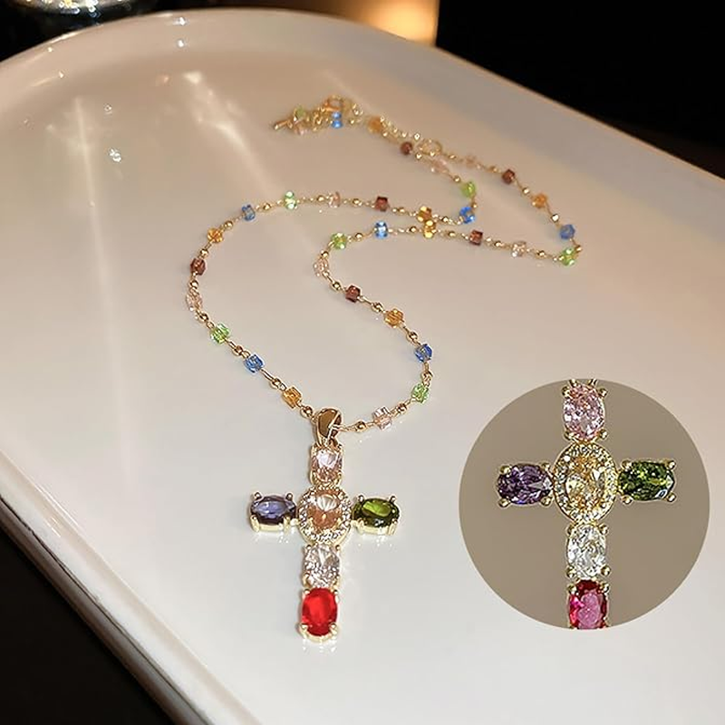✨Bunte Halskette mit Strass-Kreuzanhänger
